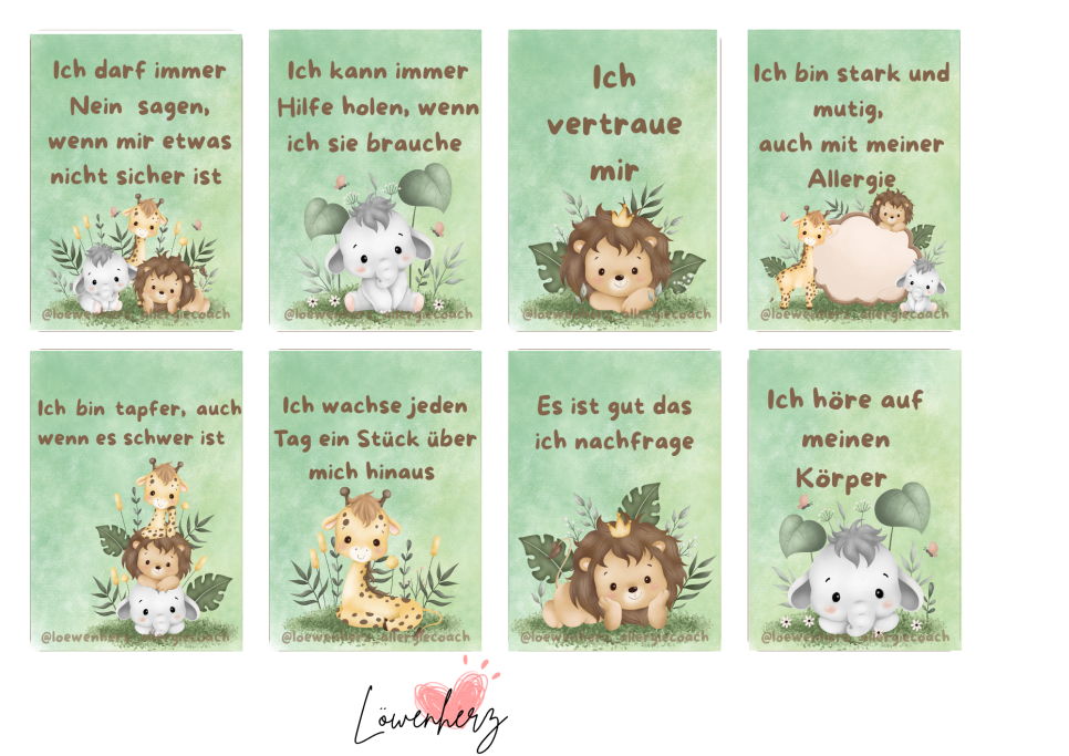 Karten mit Tierillustrationen und kurzen, positiven Botschaften für Kinder.
